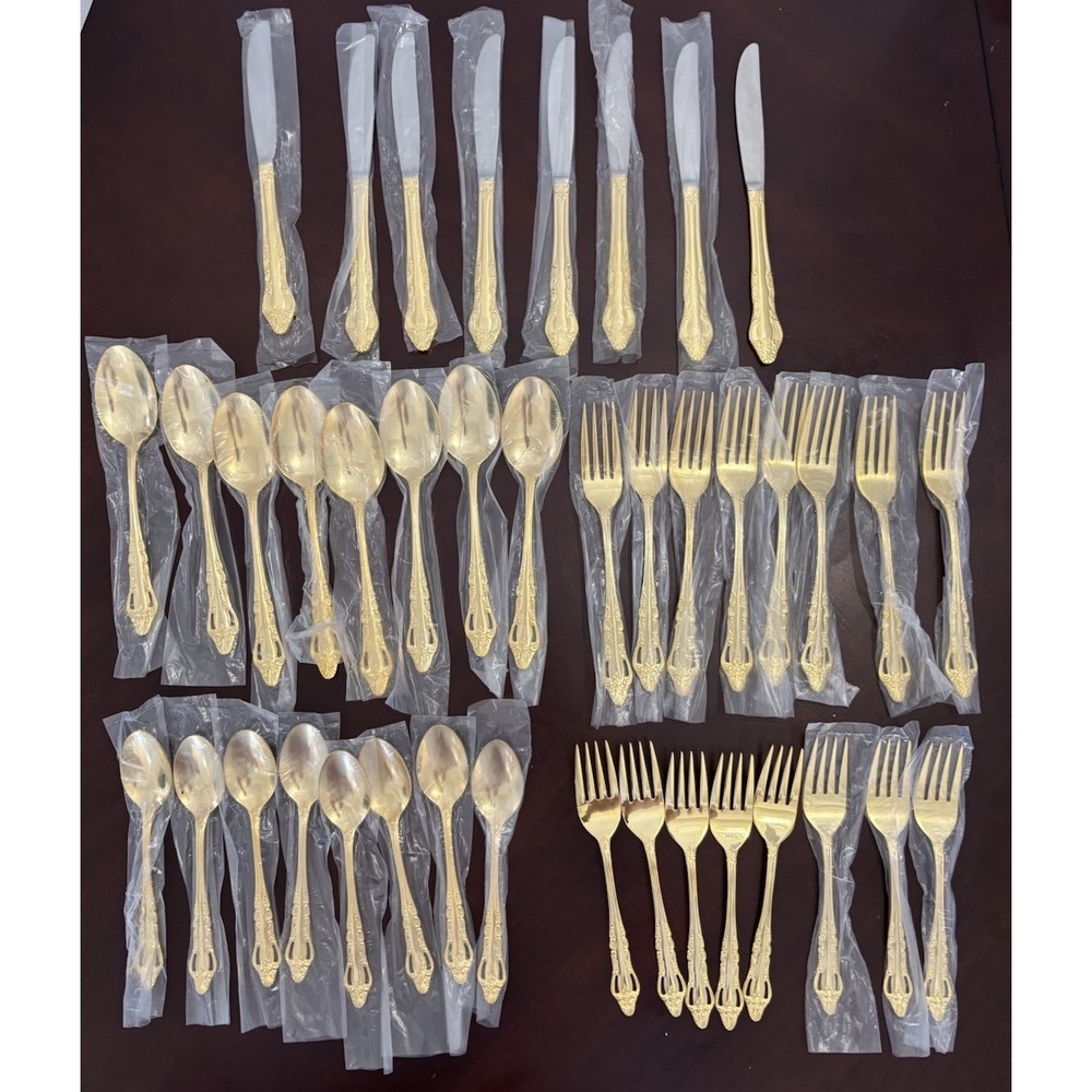 Gold Tone Flatware Set Service for 8 Stainless Korea Vintage Silverware 40 Pc